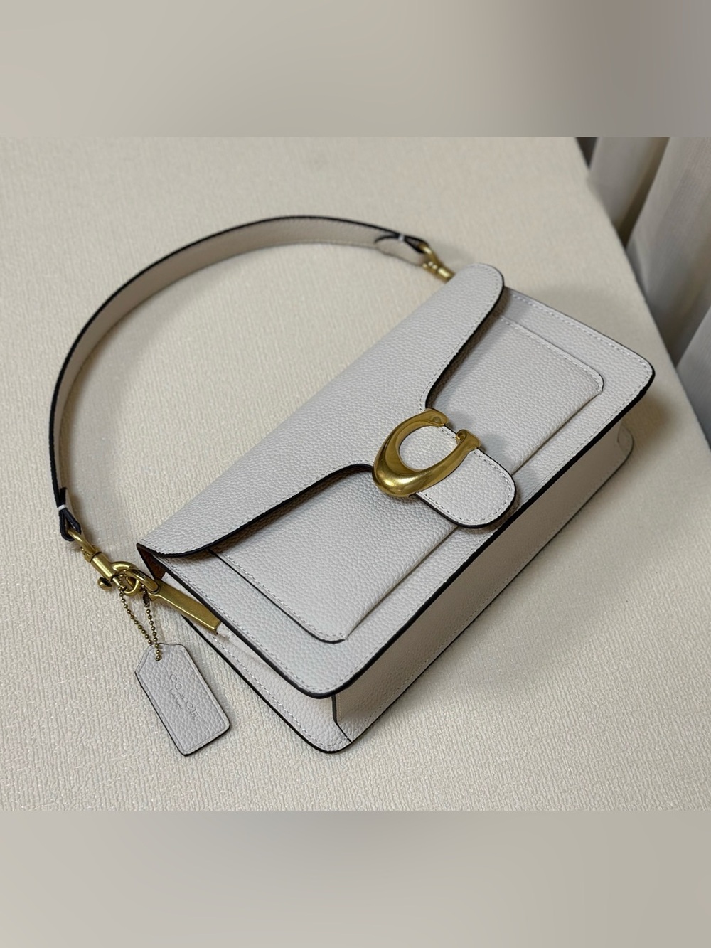 Coach Tabby White Leather Gold C‑Logo Flap Shoulder Crossbody Bag